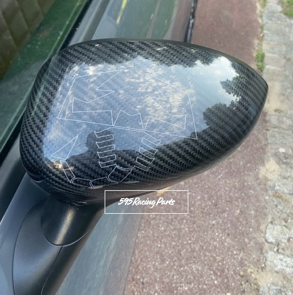 Coppia Cover Calotte Specchietti Aerografate in CARBONIO VERO per Fiat 500 Abarth - 595 - 695 - Punto Abarth - diverse finiture